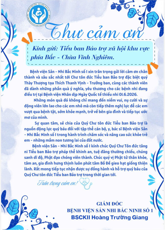 Thư cảm ơn của Giám đốc Bệnh viện Sản – Nhi Bắc Ninh số 1